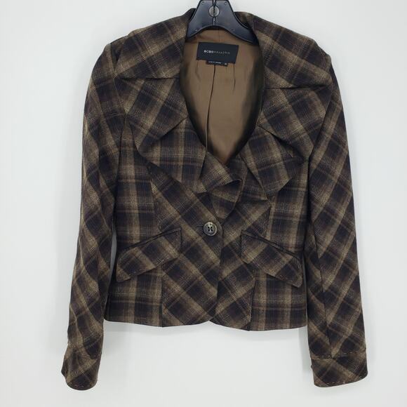 BCBGMaxazria Y2K Plaid Blazer Jacket XS Wool Ruffle Collar Brown Black BCBG - Picture 1 of 9
